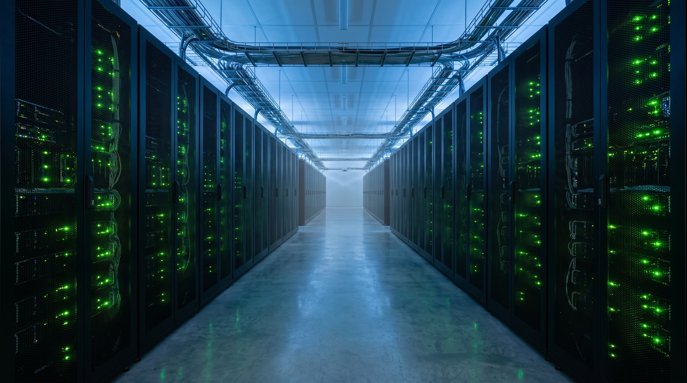 Pasillo de data center con luces verdes — climatización de precisión SOLUTEC