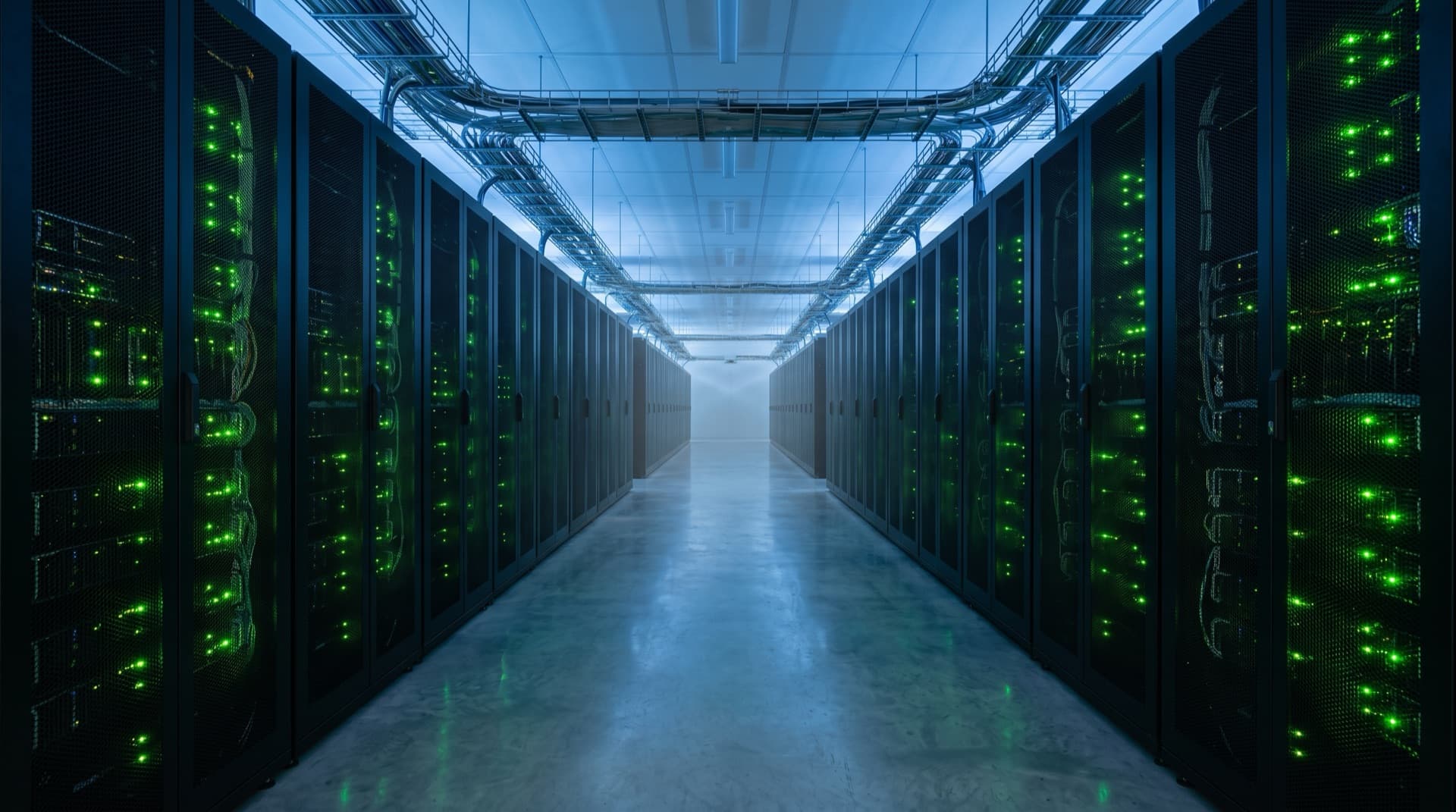 Pasillo de data center con luces verdes — refrigeración de precisión SOLUTEC