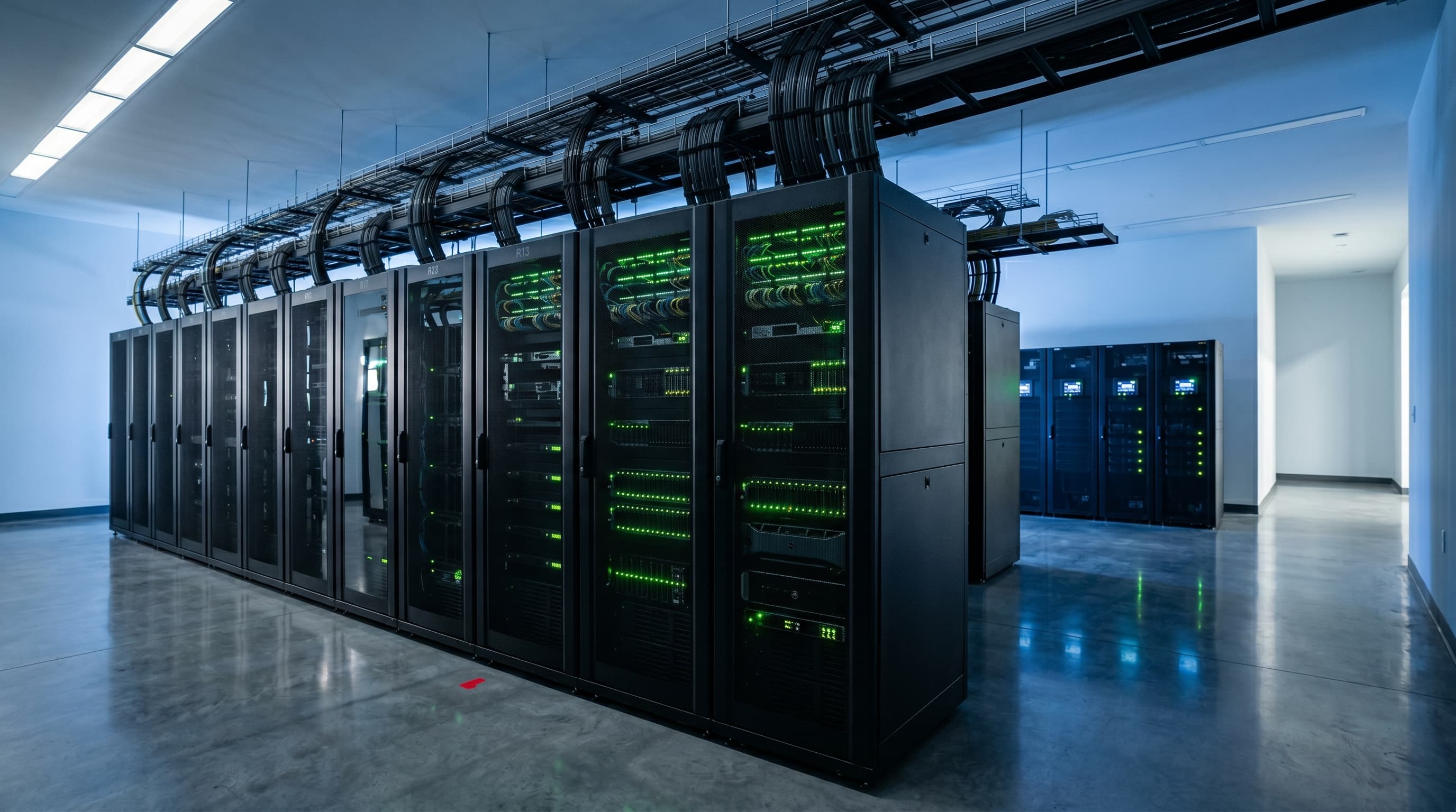 Racks modernos en sala de data center — infraestructura SOLUTEC
