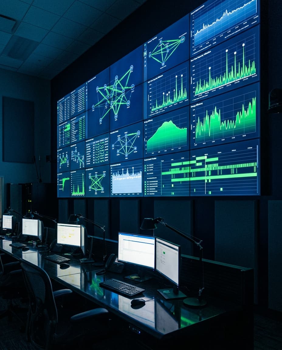 Sala de control DCIM con videowall de dashboards — SOLUTEC