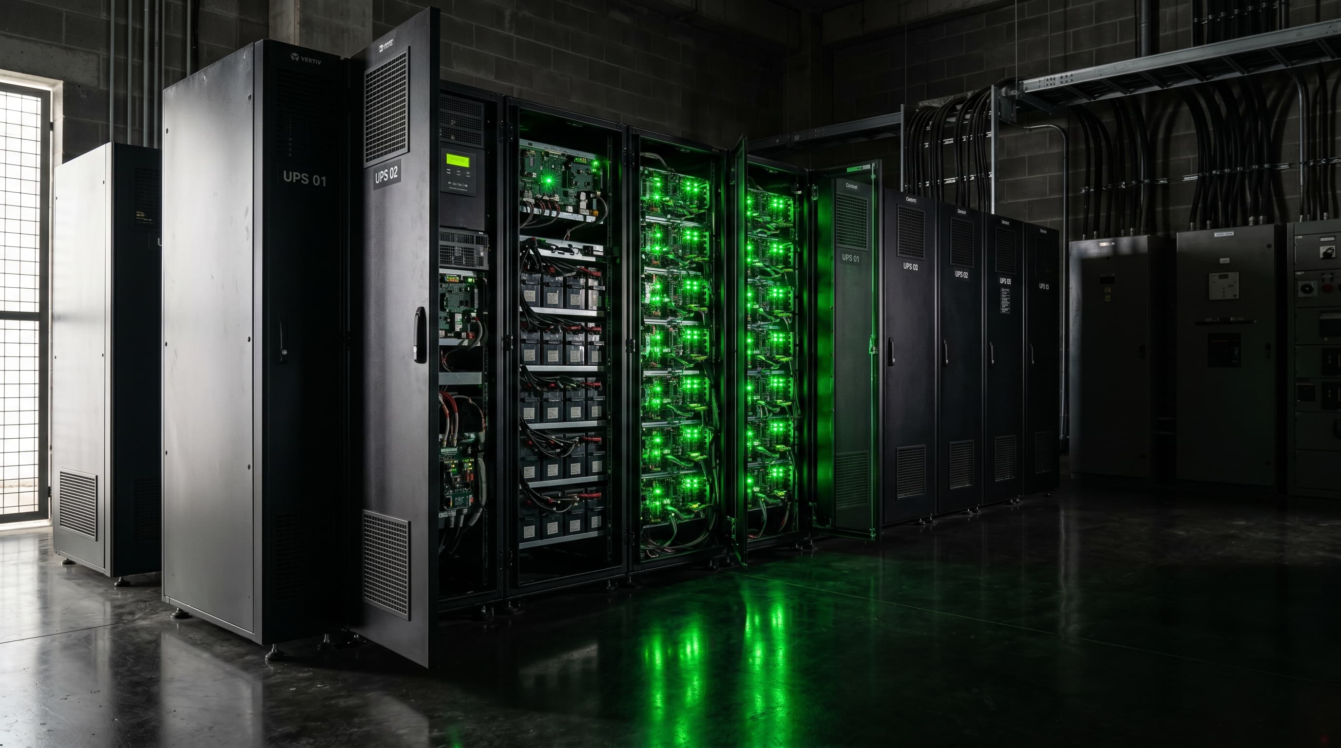 Gabinetes UPS con luces verdes — continuidad eléctrica SOLUTEC