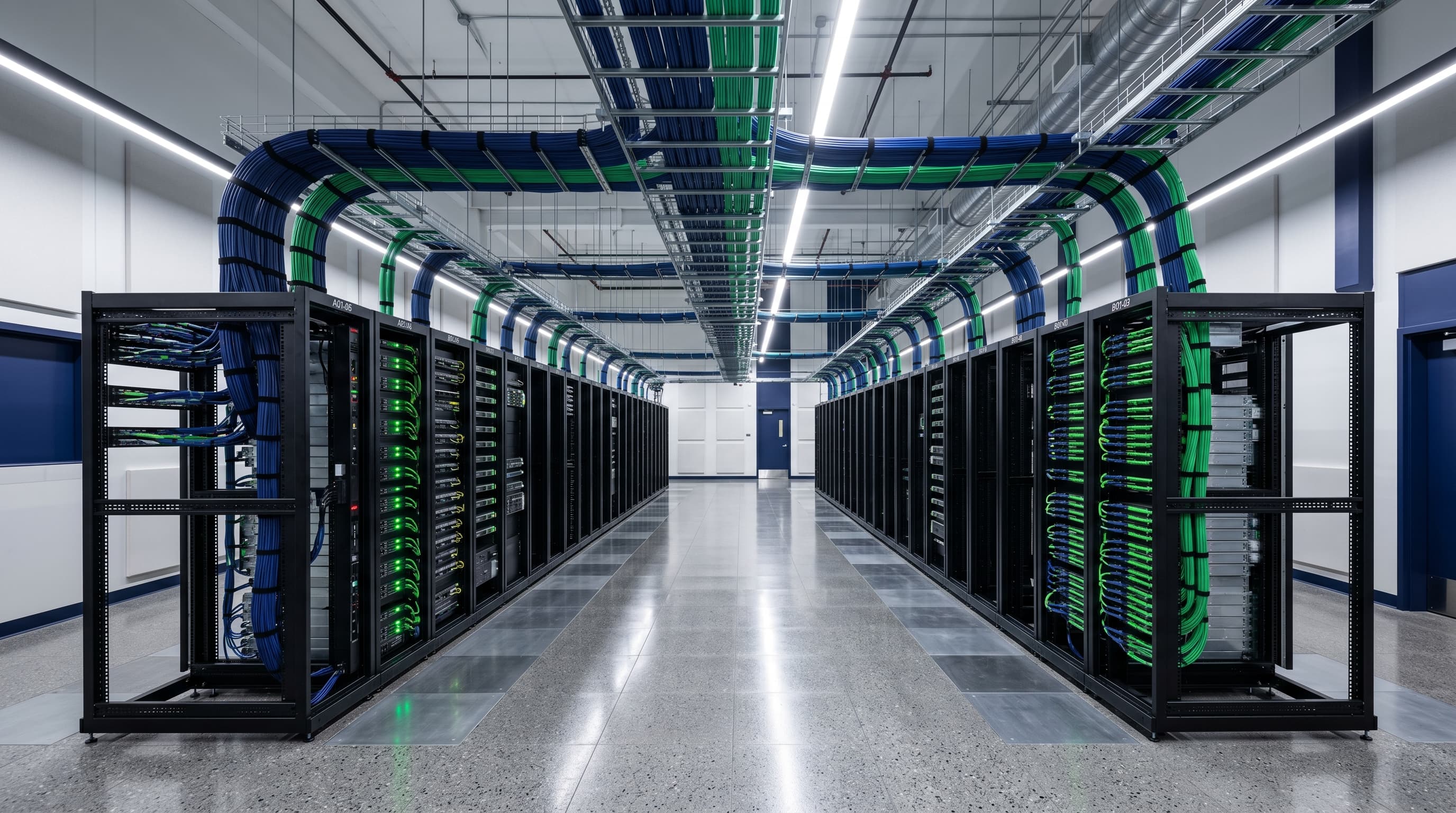 Sala de data center con racks y gestión de cables — infraestructura SOLUTEC