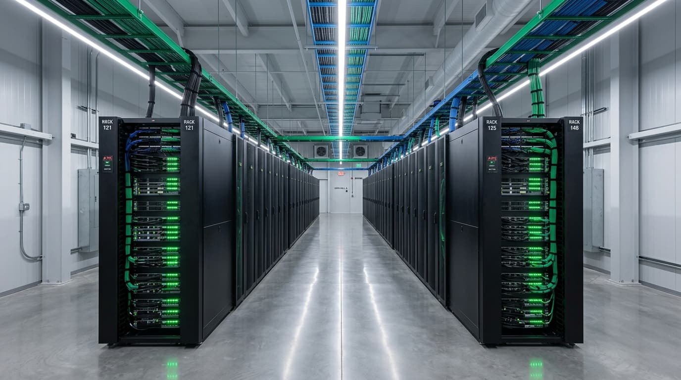 Pasillo de data center modular prefabricado con racks NetShelter — SOLUTEC