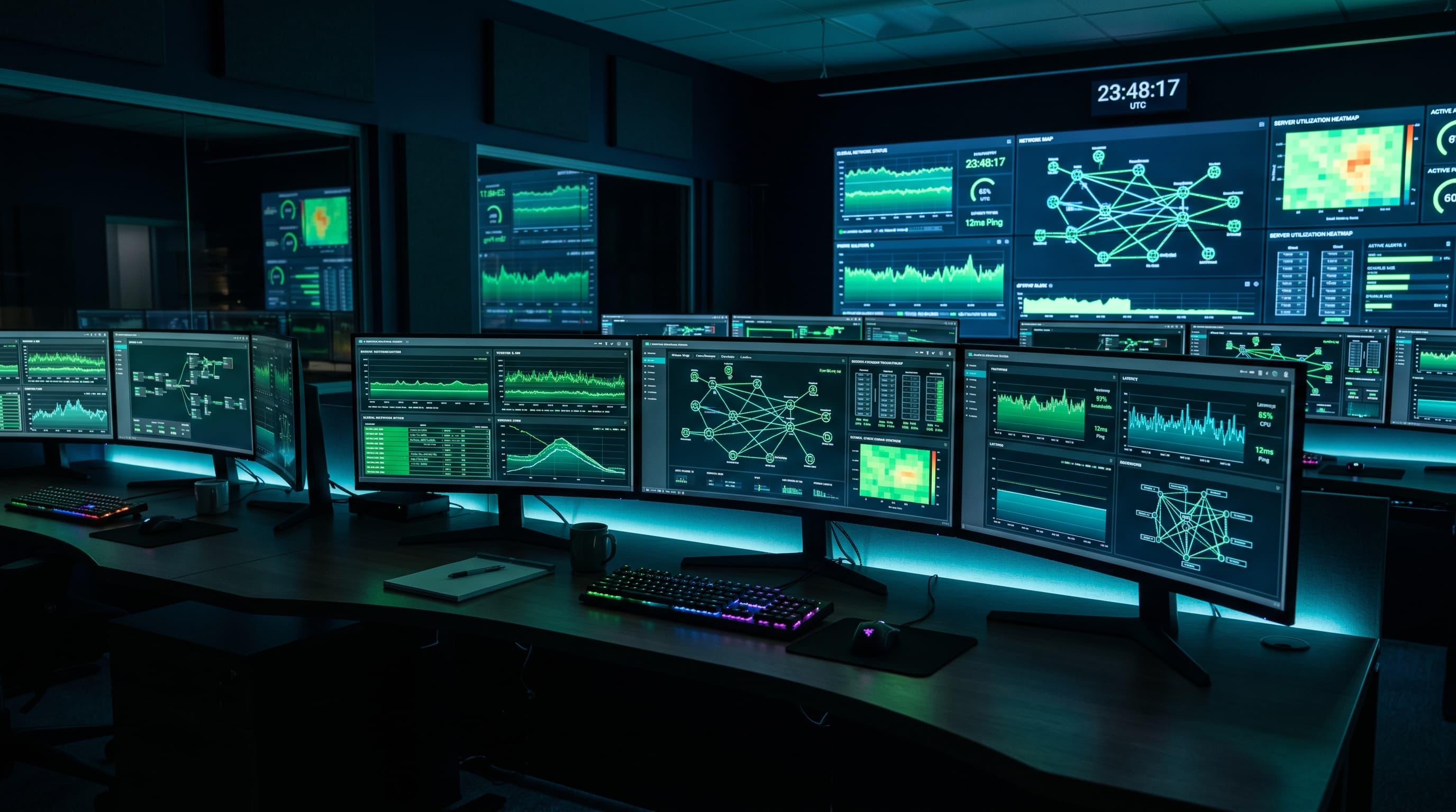 Centro de operaciones con pantallas de monitoreo — DCIM SOLUTEC